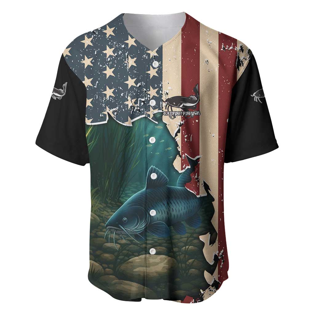 Catfish Fishing Baseball Jersey with Underwater Scene and Distressed American Flag Background - Wonder Print Shop