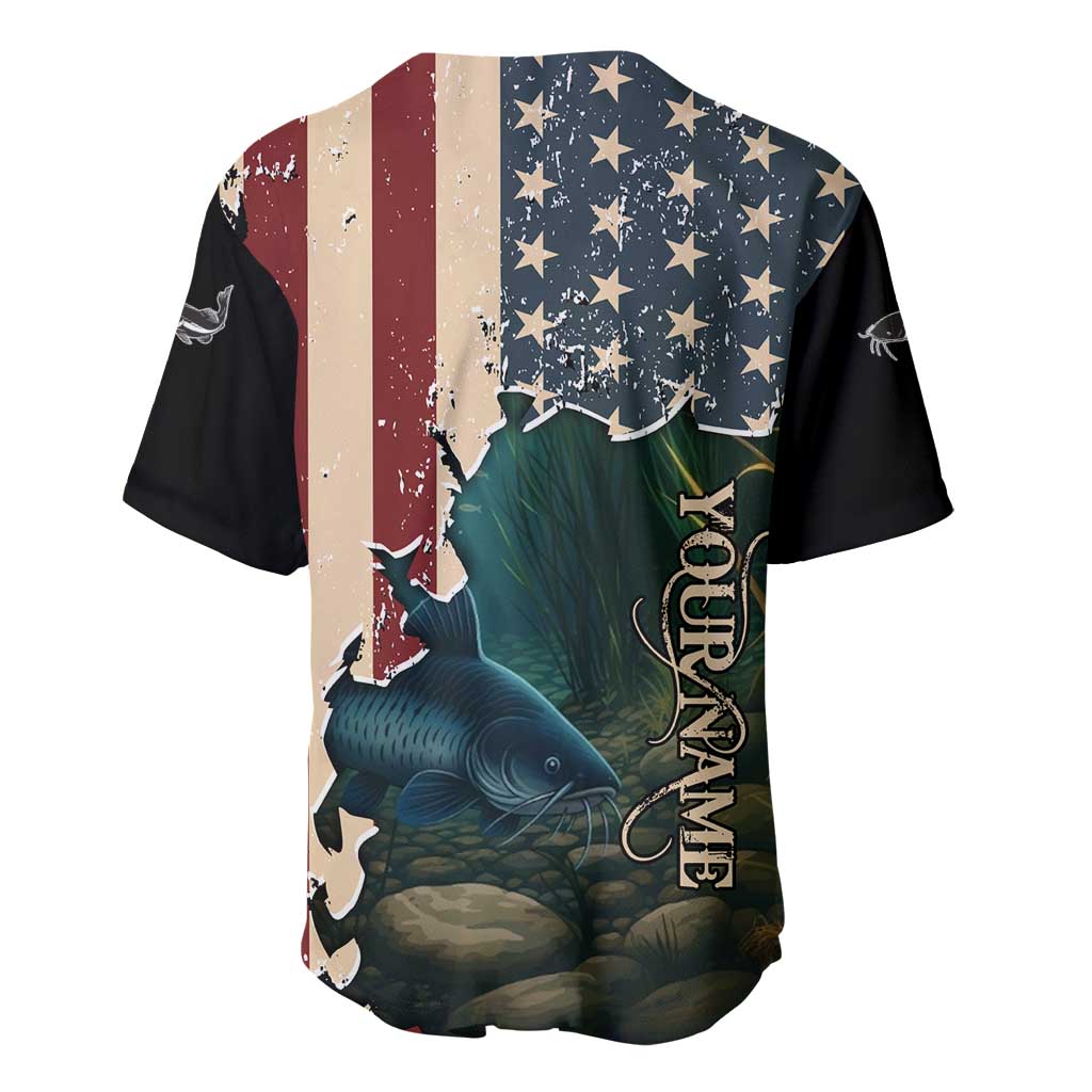 Catfish Fishing Baseball Jersey with Underwater Scene and Distressed American Flag Background - Wonder Print Shop
