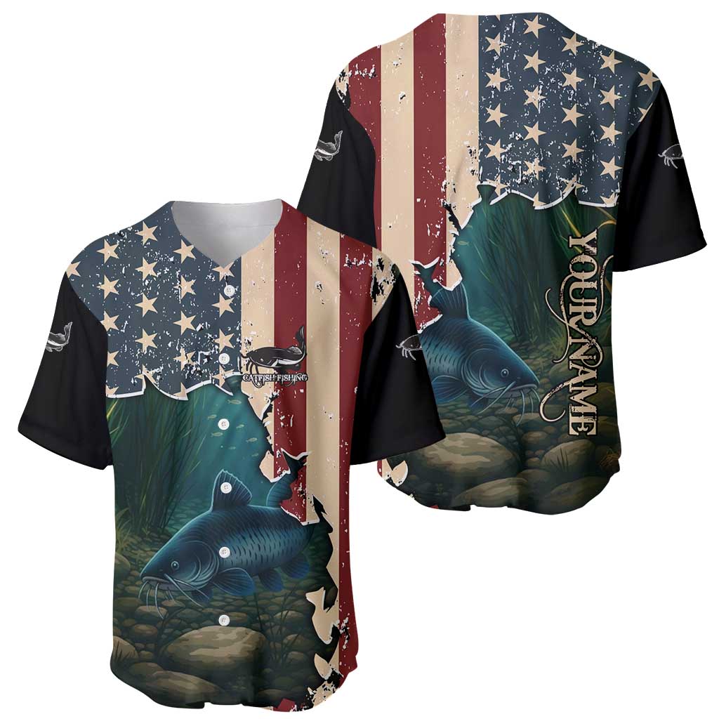 Catfish Fishing Baseball Jersey with Underwater Scene and Distressed American Flag Background - Wonder Print Shop