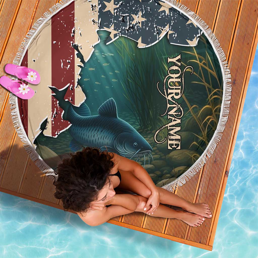 Catfish Fishing Beach Blanket with Underwater Scene and Distressed American Flag Background - Wonder Print Shop