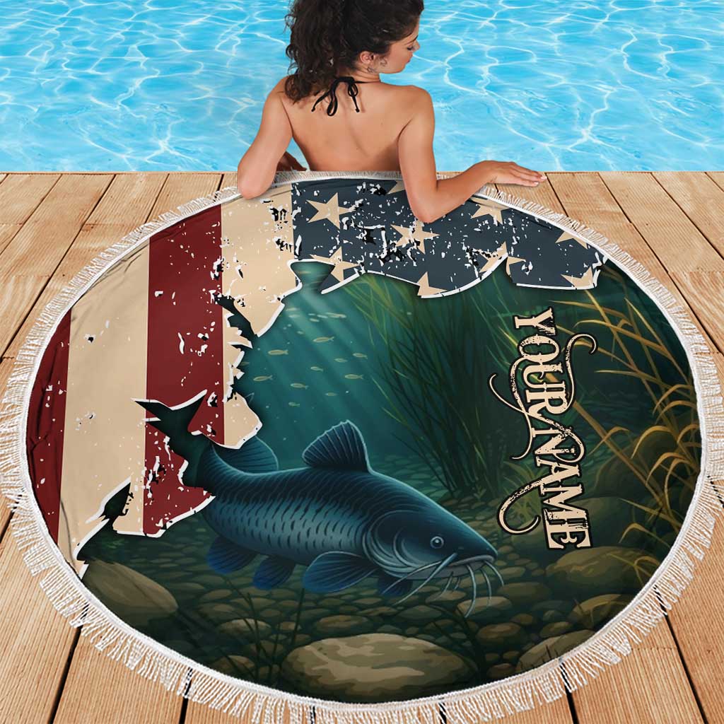 Catfish Fishing Beach Blanket with Underwater Scene and Distressed American Flag Background - Wonder Print Shop