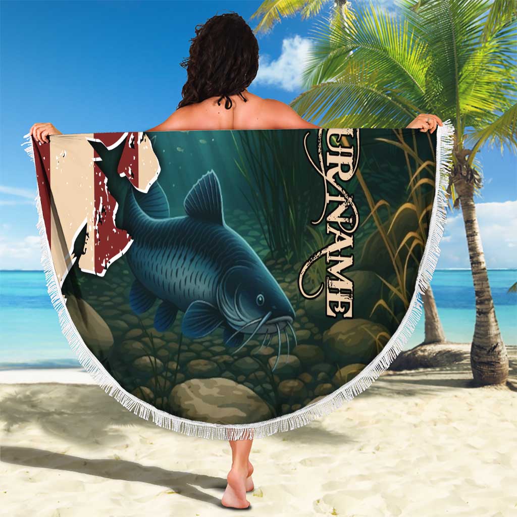 Catfish Fishing Beach Blanket with Underwater Scene and Distressed American Flag Background - Wonder Print Shop