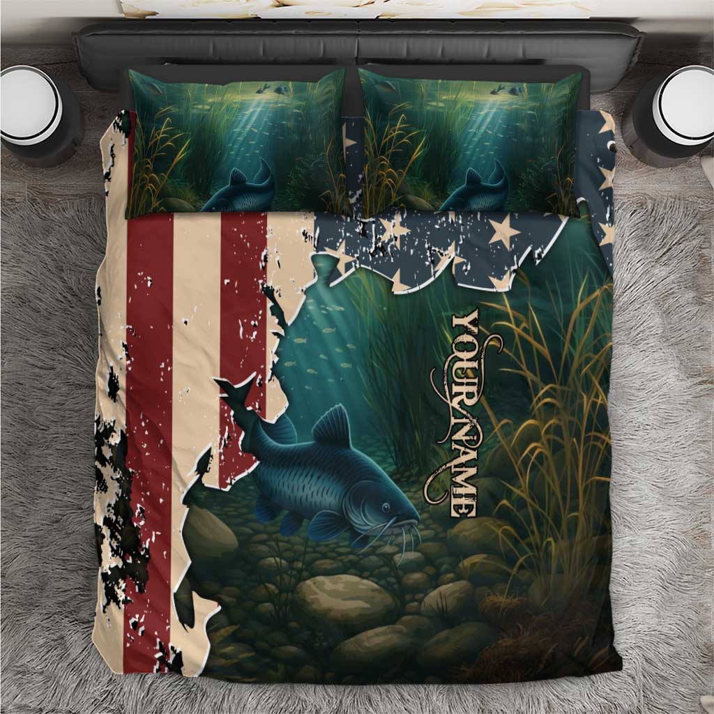 Catfish Fishing Bedding Set with Underwater Scene and Distressed American Flag Background - Wonder Print Shop