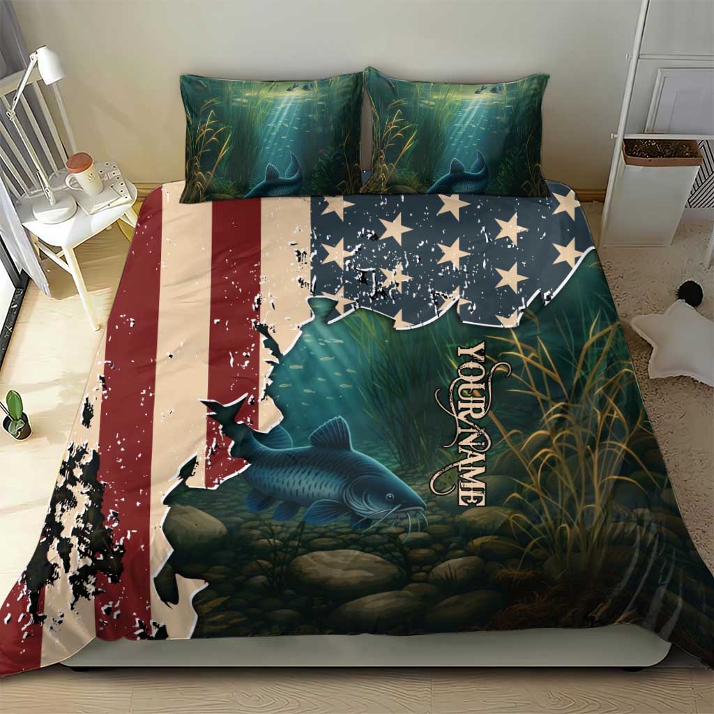 Catfish Fishing Bedding Set with Underwater Scene and Distressed American Flag Background - Wonder Print Shop