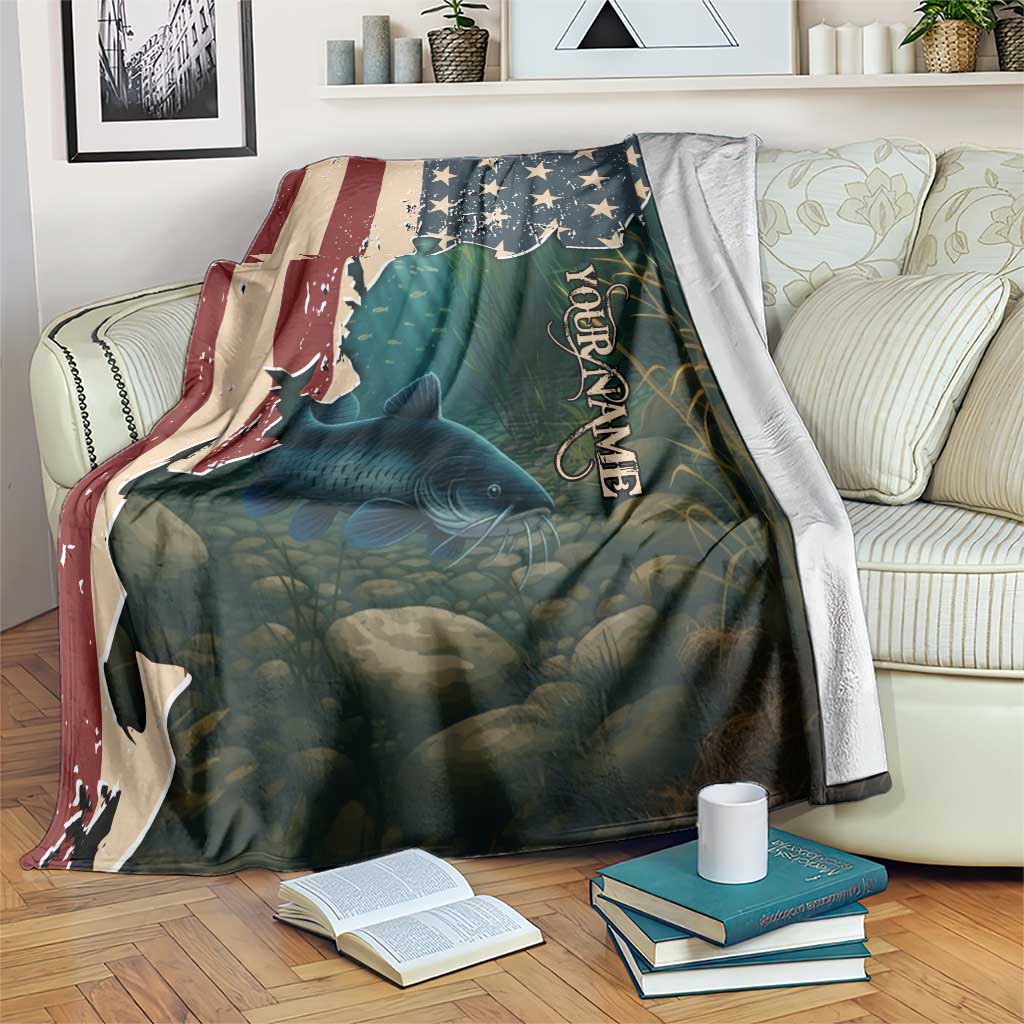 Catfish Fishing Blanket with Underwater Scene and Distressed American Flag Background - Wonder Print Shop