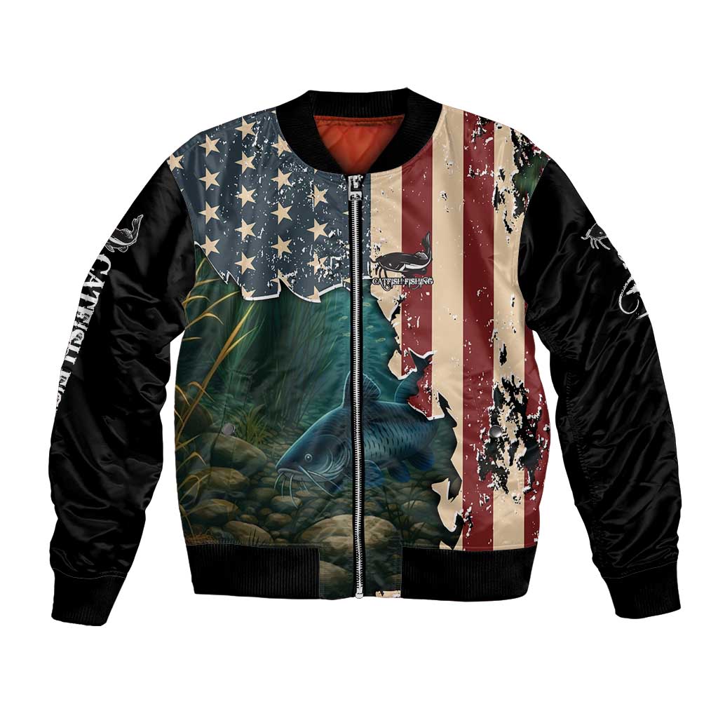 Catfish Fishing Bomber Jacket with Underwater Scene and Distressed American Flag Background - Wonder Print Shop