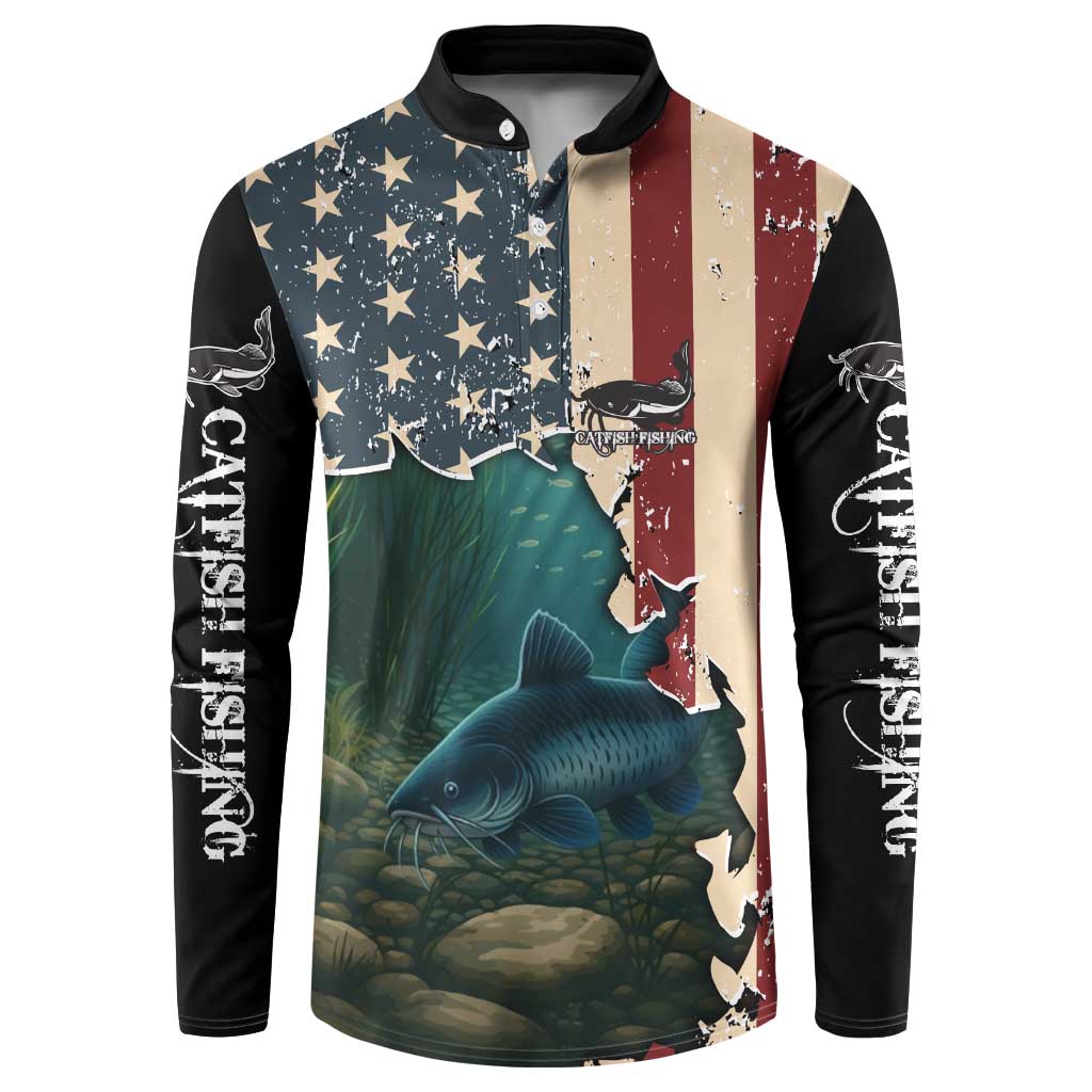 Catfish Fishing Button Sweatshirt with Underwater Scene and Distressed American Flag Background - Wonder Print Shop