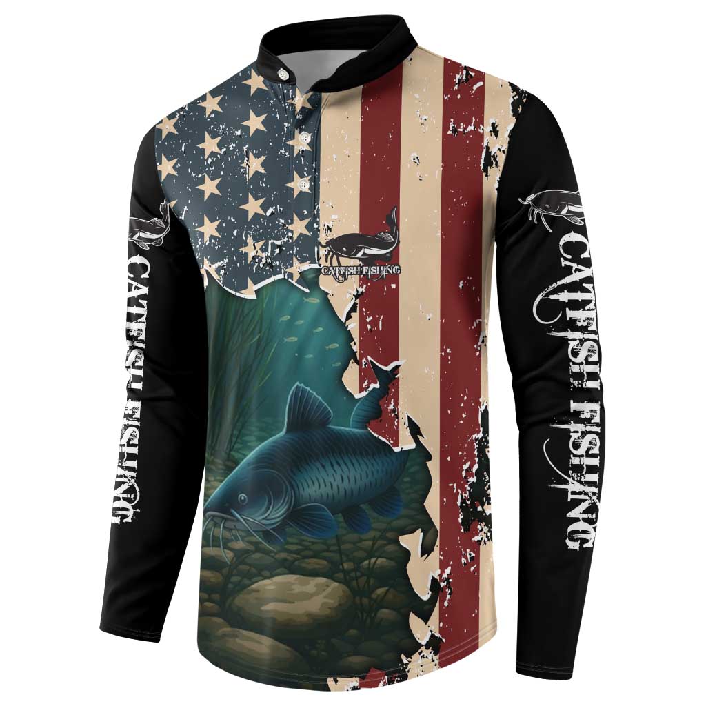 Catfish Fishing Button Sweatshirt with Underwater Scene and Distressed American Flag Background - Wonder Print Shop
