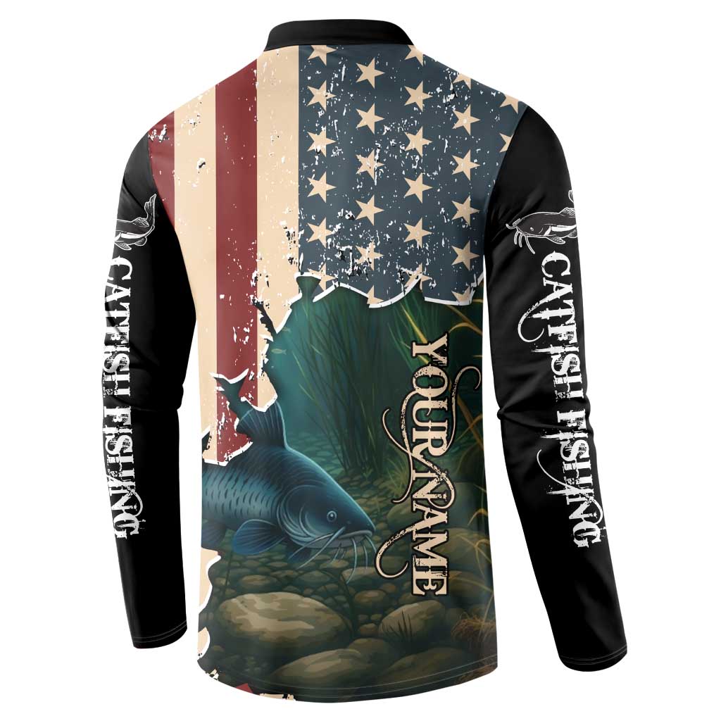 Catfish Fishing Button Sweatshirt with Underwater Scene and Distressed American Flag Background - Wonder Print Shop