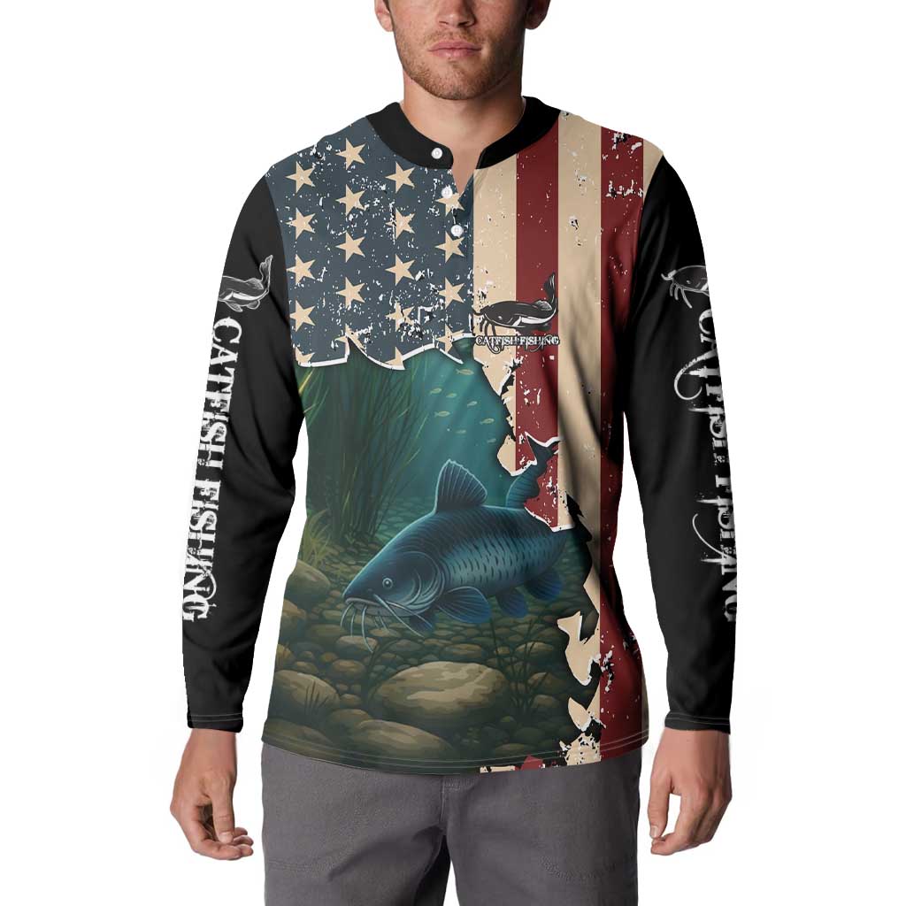 Catfish Fishing Button Sweatshirt with Underwater Scene and Distressed American Flag Background - Wonder Print Shop