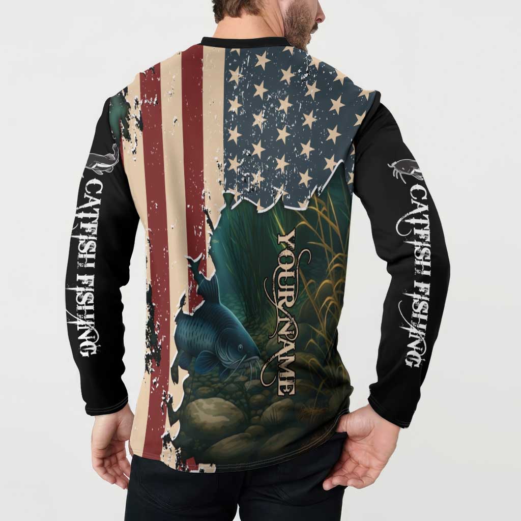 Catfish Fishing Button Sweatshirt with Underwater Scene and Distressed American Flag Background - Wonder Print Shop