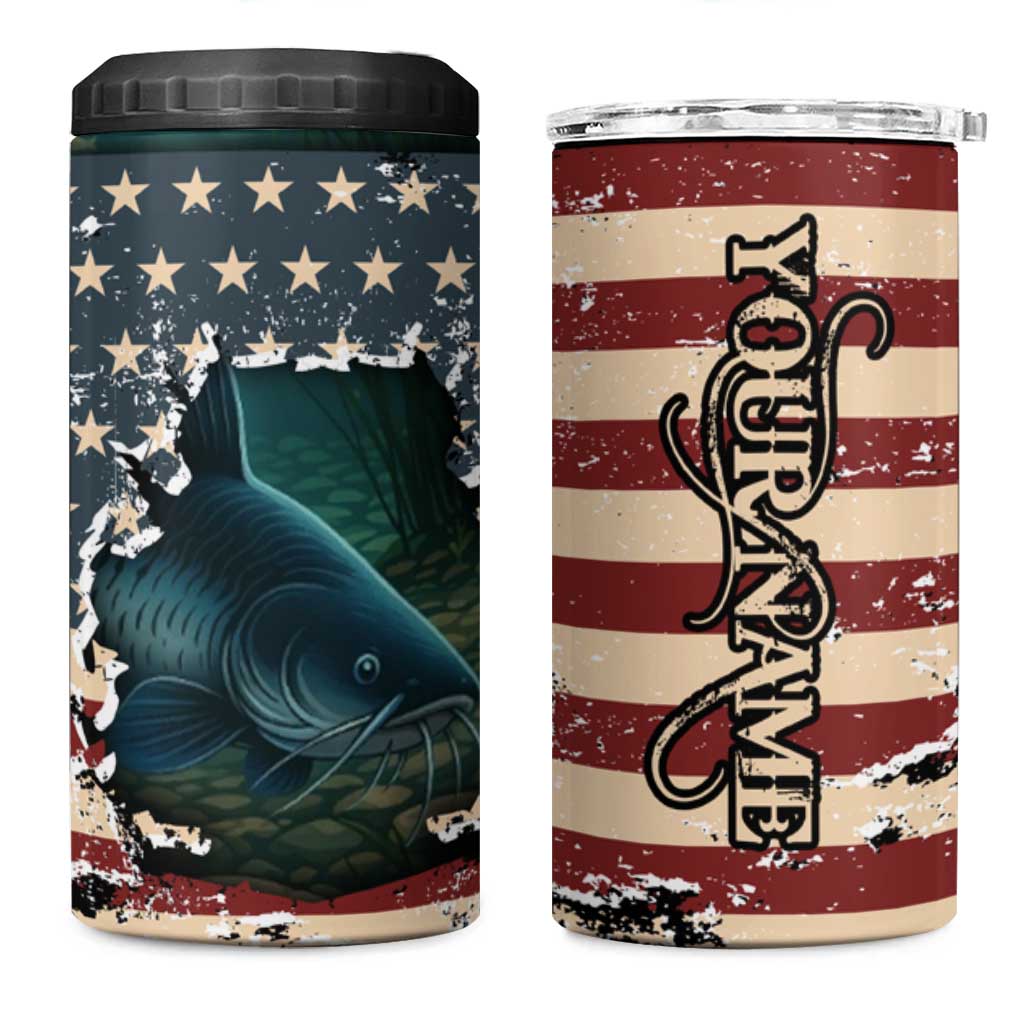 Catfish Fishing 4 in 1 Can Cooler Tumbler with Underwater Scene and Distressed American Flag Background - Wonder Print Shop