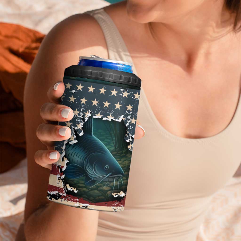 Catfish Fishing 4 in 1 Can Cooler Tumbler with Underwater Scene and Distressed American Flag Background - Wonder Print Shop