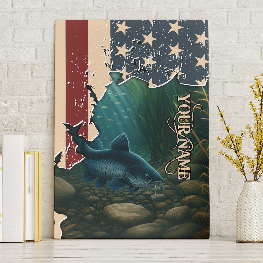 Catfish Fishing Canvas Wall Art with Underwater Scene and Distressed American Flag Background - Wonder Print Shop