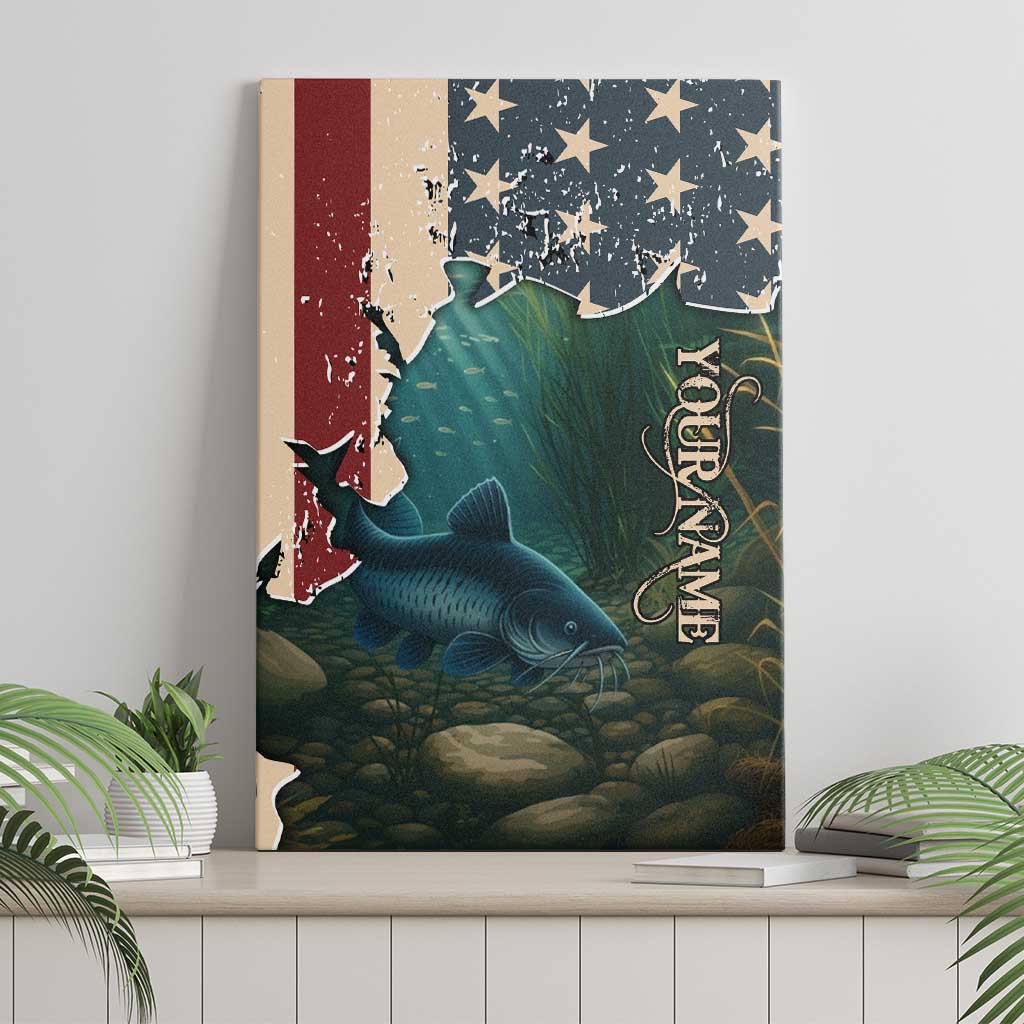 Catfish Fishing Canvas Wall Art with Underwater Scene and Distressed American Flag Background - Wonder Print Shop