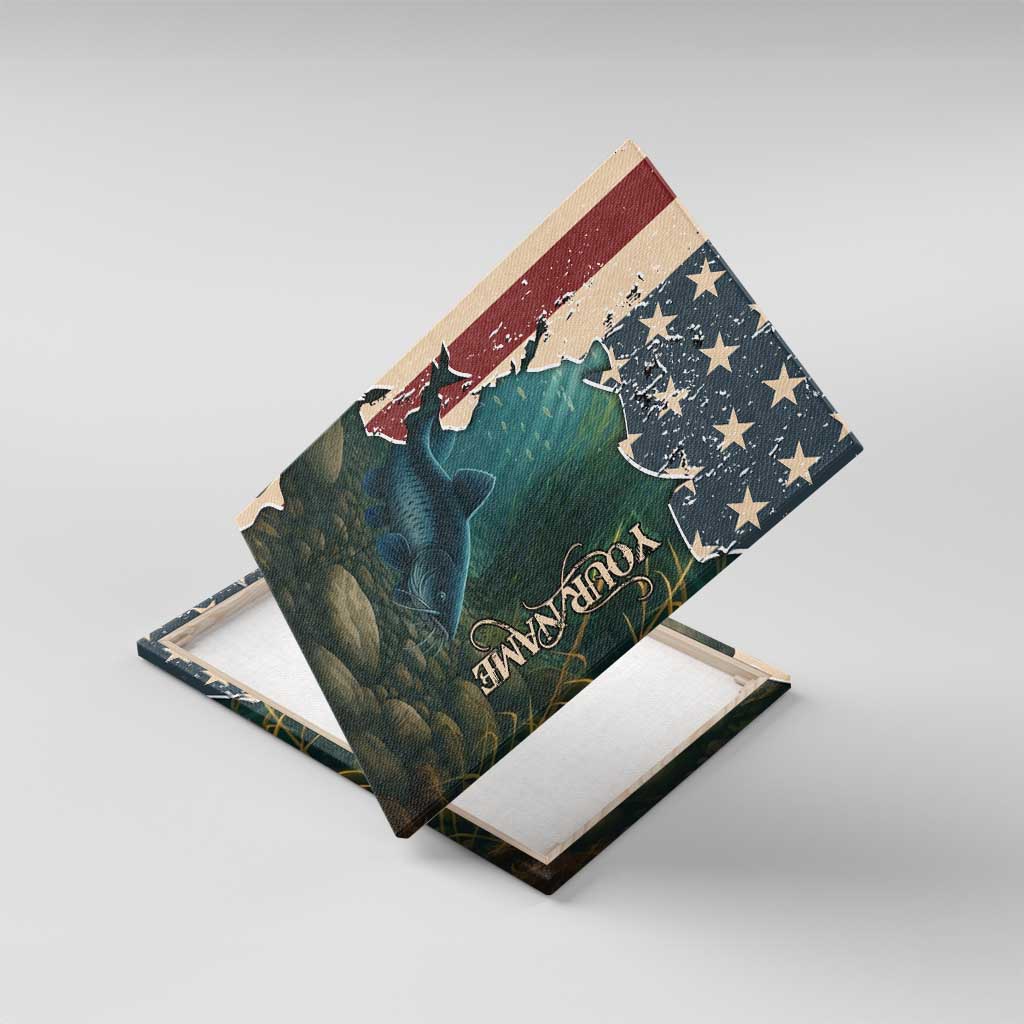 Catfish Fishing Canvas Wall Art with Underwater Scene and Distressed American Flag Background - Wonder Print Shop
