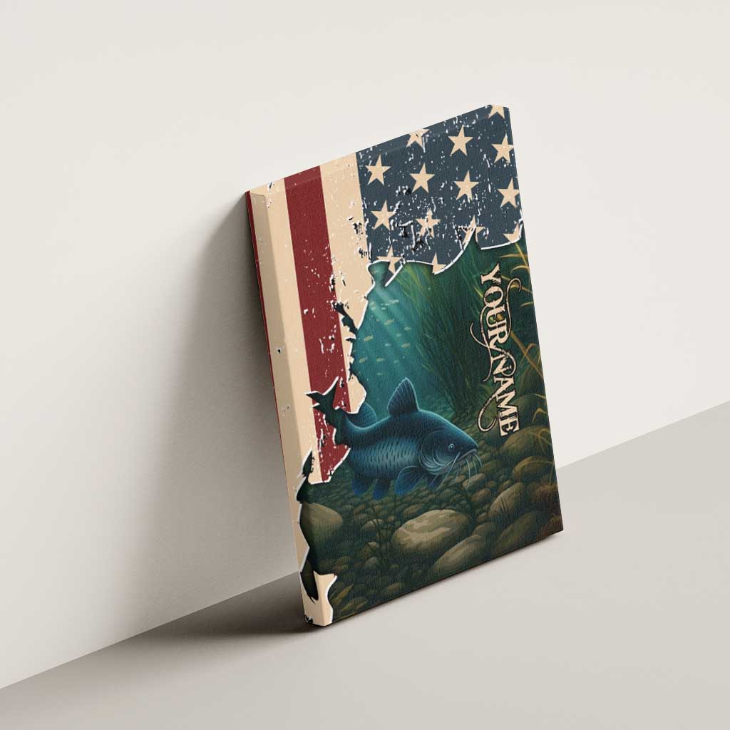 Catfish Fishing Canvas Wall Art with Underwater Scene and Distressed American Flag Background - Wonder Print Shop