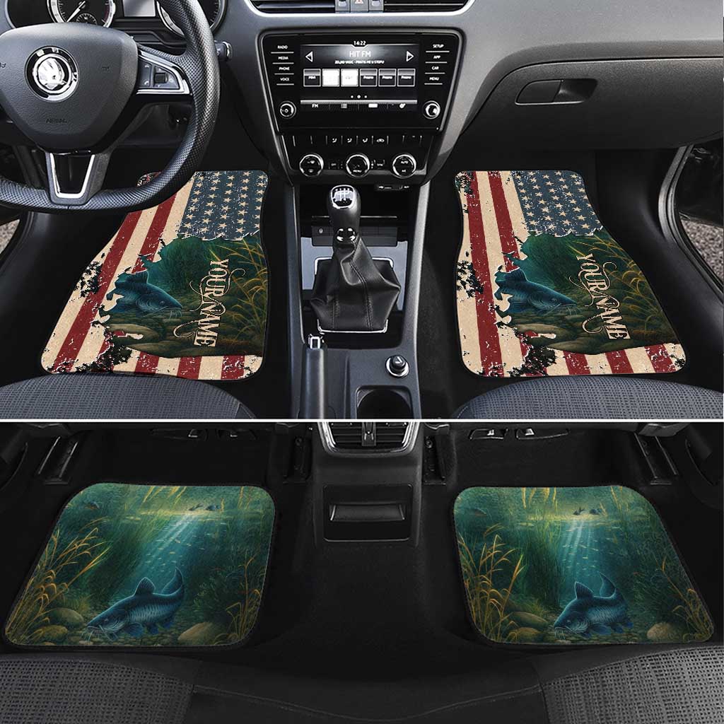 Catfish Fishing Car Mats with Underwater Scene and Distressed American Flag Background - Wonder Print Shop