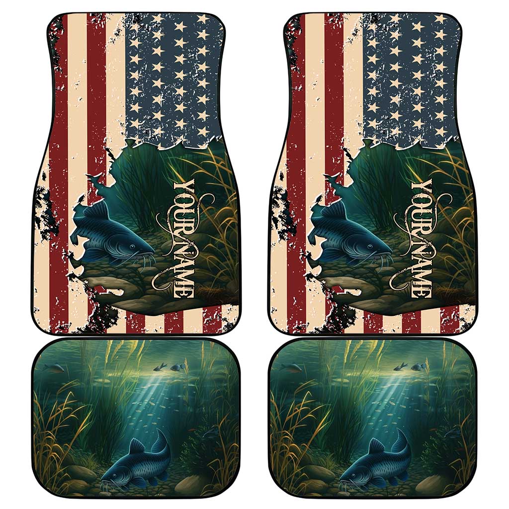 Catfish Fishing Car Mats with Underwater Scene and Distressed American Flag Background - Wonder Print Shop