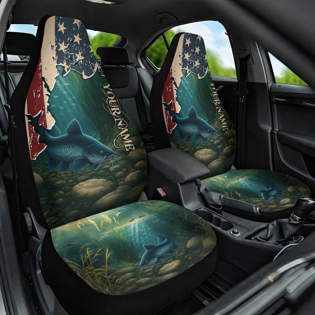 Catfish Fishing Car Seat Cover with Underwater Scene and Distressed American Flag Background - Wonder Print Shop