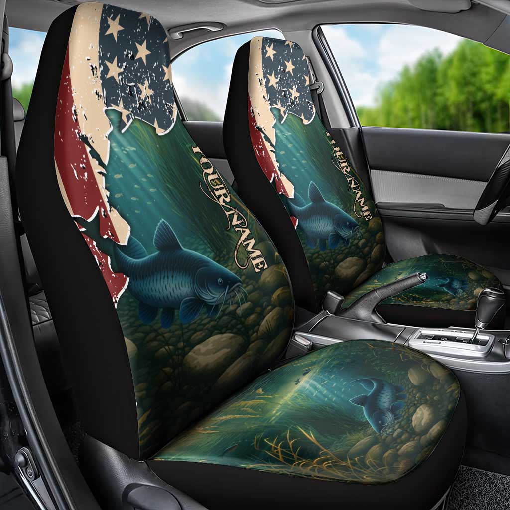 Catfish Fishing Car Seat Cover with Underwater Scene and Distressed American Flag Background - Wonder Print Shop