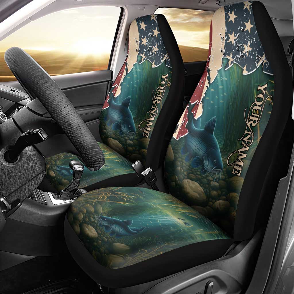 Catfish Fishing Car Seat Cover with Underwater Scene and Distressed American Flag Background - Wonder Print Shop