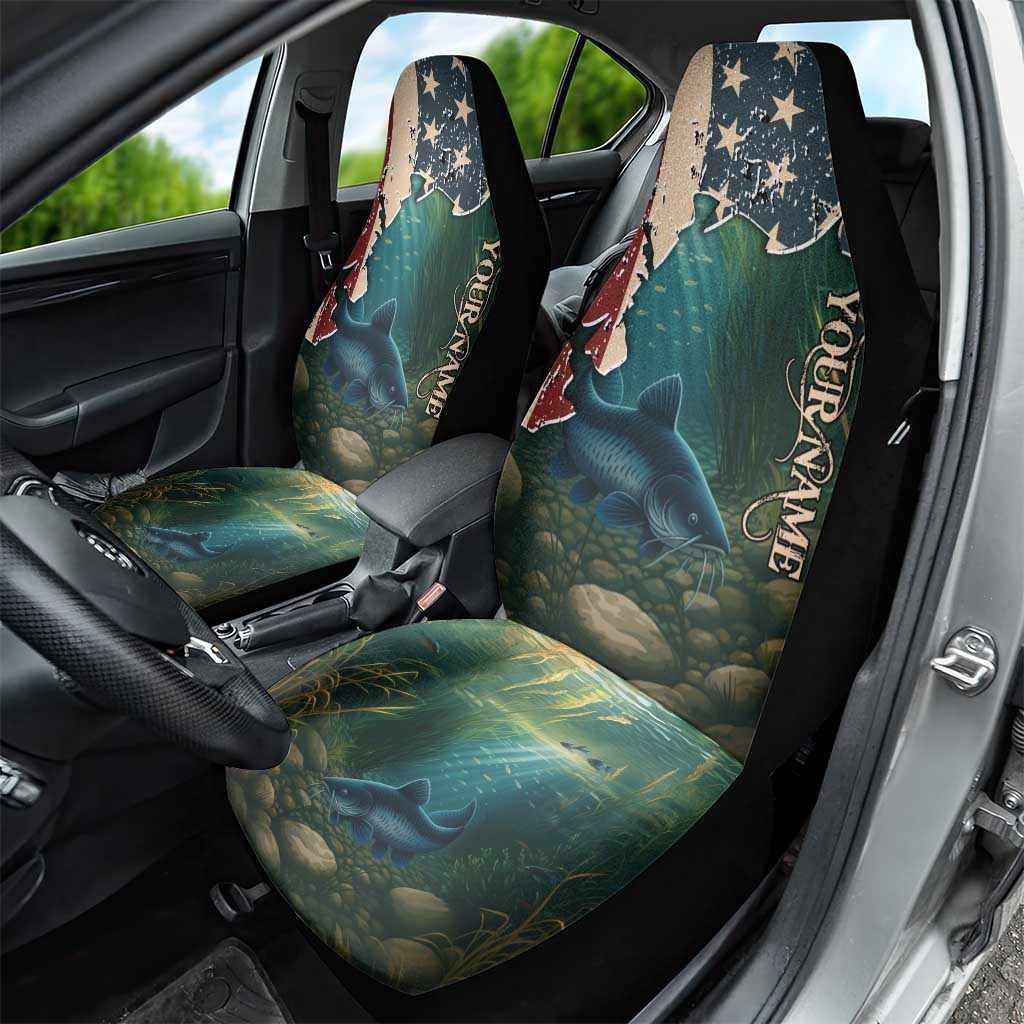 Catfish Fishing Car Seat Cover with Underwater Scene and Distressed American Flag Background - Wonder Print Shop