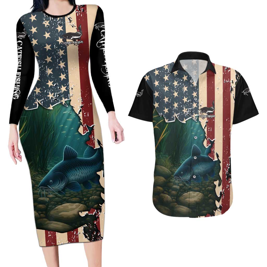 Catfish Fishing Couples Matching Long Sleeve Bodycon Dress and Hawaiian Shirt with Underwater Scene and Distressed American Flag Background - Wonder Print Shop