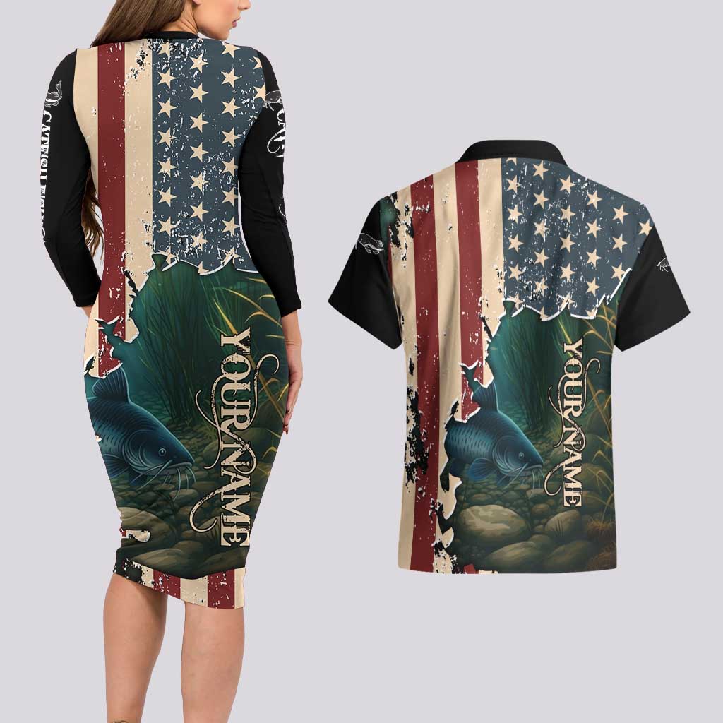 Catfish Fishing Couples Matching Long Sleeve Bodycon Dress and Hawaiian Shirt with Underwater Scene and Distressed American Flag Background - Wonder Print Shop