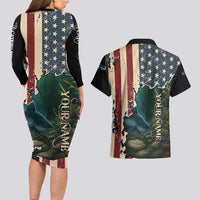 Catfish Fishing Couples Matching Long Sleeve Bodycon Dress and Hawaiian Shirt with Underwater Scene and Distressed American Flag Background - Wonder Print Shop