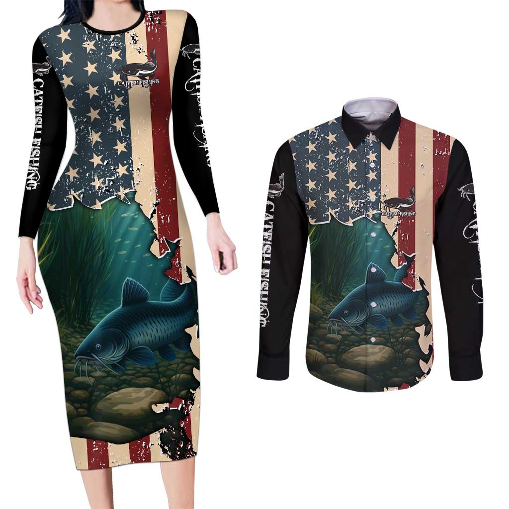 Catfish Fishing Couples Matching Long Sleeve Bodycon Dress and Long Sleeve Button Shirt with Underwater Scene and Distressed American Flag Background - Wonder Print Shop