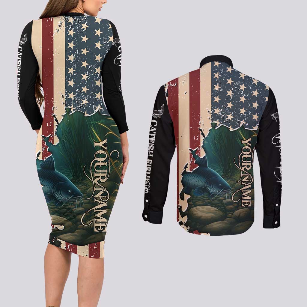 Catfish Fishing Couples Matching Long Sleeve Bodycon Dress and Long Sleeve Button Shirt with Underwater Scene and Distressed American Flag Background - Wonder Print Shop