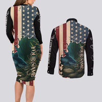 Catfish Fishing Couples Matching Long Sleeve Bodycon Dress and Long Sleeve Button Shirt with Underwater Scene and Distressed American Flag Background - Wonder Print Shop