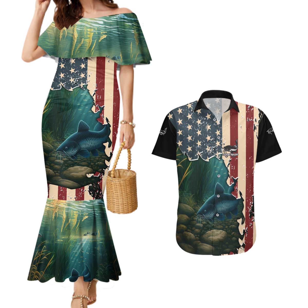 Catfish Fishing Couples Matching Mermaid Dress and Hawaiian Shirt with Underwater Scene and Distressed American Flag Background - Wonder Print Shop