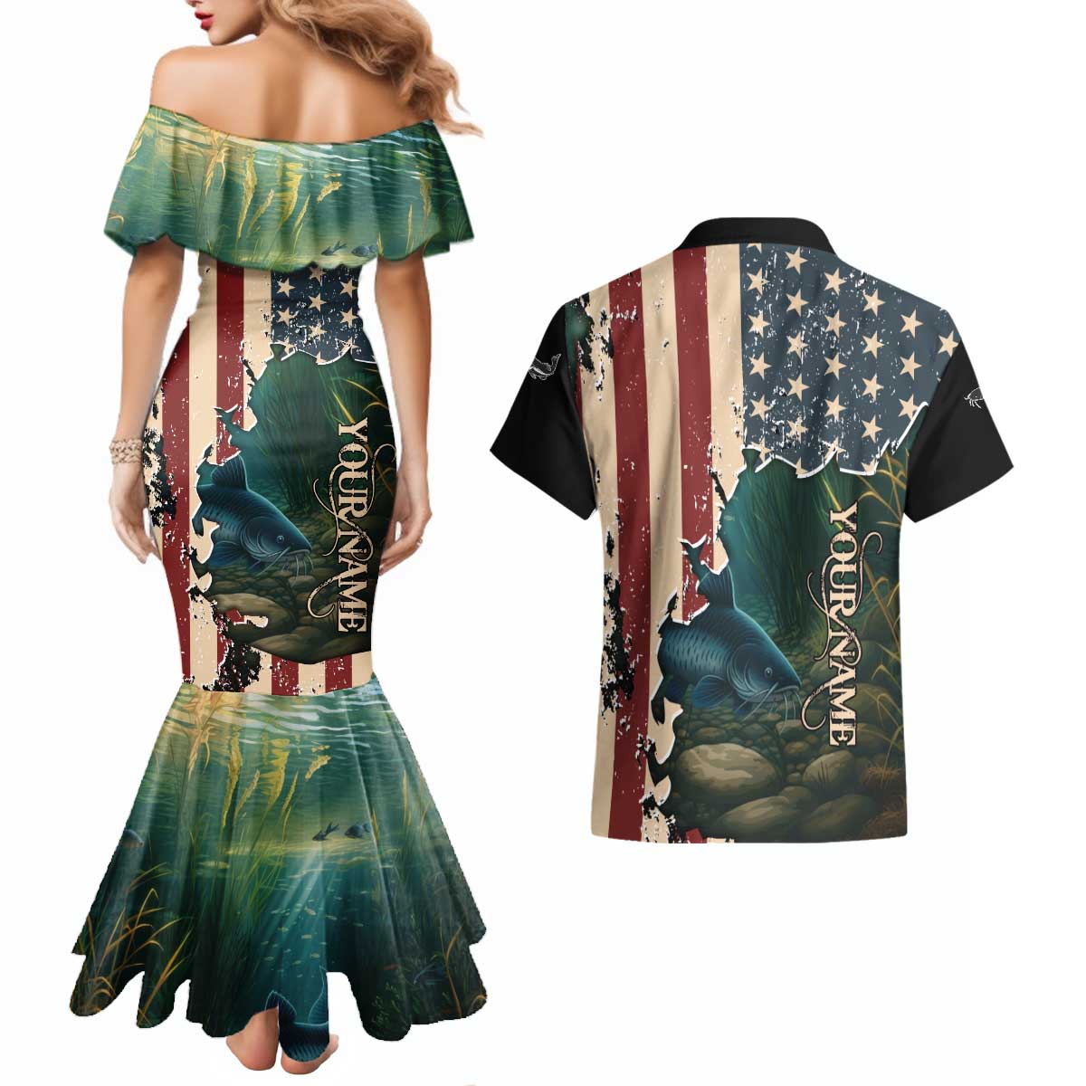 Catfish Fishing Couples Matching Mermaid Dress and Hawaiian Shirt with Underwater Scene and Distressed American Flag Background - Wonder Print Shop