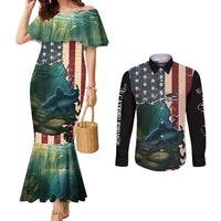 Catfish Fishing Couples Matching Mermaid Dress and Long Sleeve Button Shirt with Underwater Scene and Distressed American Flag Background - Wonder Print Shop