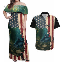 Catfish Fishing Couples Matching Off Shoulder Maxi Dress and Hawaiian Shirt with Underwater Scene and Distressed American Flag Background - Wonder Print Shop