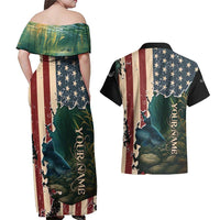 Catfish Fishing Couples Matching Off Shoulder Maxi Dress and Hawaiian Shirt with Underwater Scene and Distressed American Flag Background - Wonder Print Shop