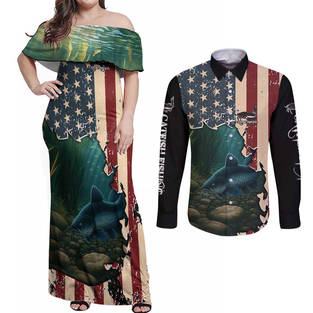 Catfish Fishing Couples Matching Off Shoulder Maxi Dress and Long Sleeve Button Shirt with Underwater Scene and Distressed American Flag Background - Wonder Print Shop