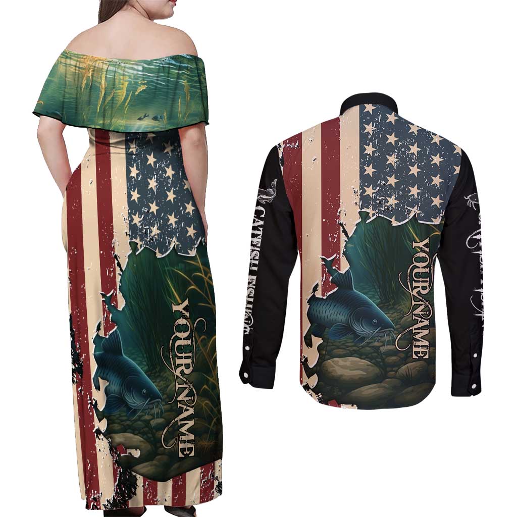 Catfish Fishing Couples Matching Off Shoulder Maxi Dress and Long Sleeve Button Shirt with Underwater Scene and Distressed American Flag Background - Wonder Print Shop