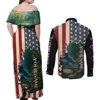 Catfish Fishing Couples Matching Off Shoulder Maxi Dress and Long Sleeve Button Shirt with Underwater Scene and Distressed American Flag Background - Wonder Print Shop