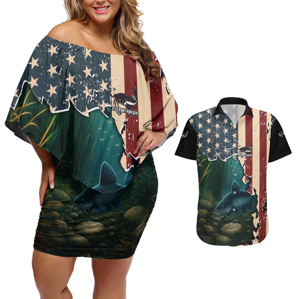 Catfish Fishing Couples Matching Off Shoulder Short Dress and Hawaiian Shirt with Underwater Scene and Distressed American Flag Background - Wonder Print Shop