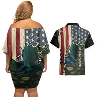 Catfish Fishing Couples Matching Off Shoulder Short Dress and Hawaiian Shirt with Underwater Scene and Distressed American Flag Background - Wonder Print Shop