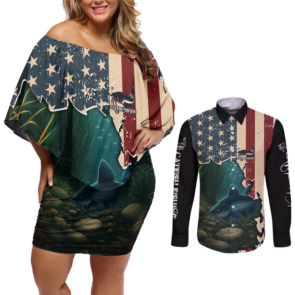 Catfish Fishing Couples Matching Off Shoulder Short Dress and Long Sleeve Button Shirt with Underwater Scene and Distressed American Flag Background - Wonder Print Shop