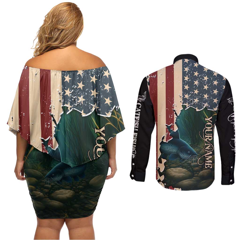 Catfish Fishing Couples Matching Off Shoulder Short Dress and Long Sleeve Button Shirt with Underwater Scene and Distressed American Flag Background - Wonder Print Shop
