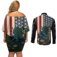 Catfish Fishing Couples Matching Off Shoulder Short Dress and Long Sleeve Button Shirt with Underwater Scene and Distressed American Flag Background - Wonder Print Shop