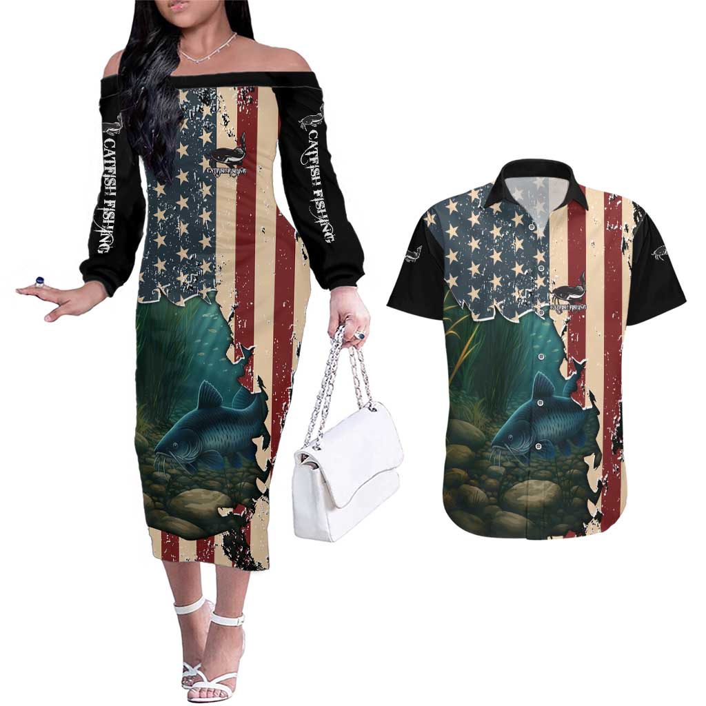 Catfish Fishing Couples Matching Off The Shoulder Long Sleeve Dress and Hawaiian Shirt with Underwater Scene and Distressed American Flag Background - Wonder Print Shop