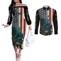 Catfish Fishing Couples Matching Off The Shoulder Long Sleeve Dress and Long Sleeve Button Shirt with Underwater Scene and Distressed American Flag Background - Wonder Print Shop