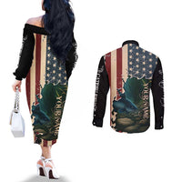 Catfish Fishing Couples Matching Off The Shoulder Long Sleeve Dress and Long Sleeve Button Shirt with Underwater Scene and Distressed American Flag Background - Wonder Print Shop