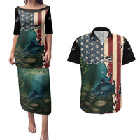 Catfish Fishing Couples Matching Puletasi and Hawaiian Shirt with Underwater Scene and Distressed American Flag Background - Wonder Print Shop